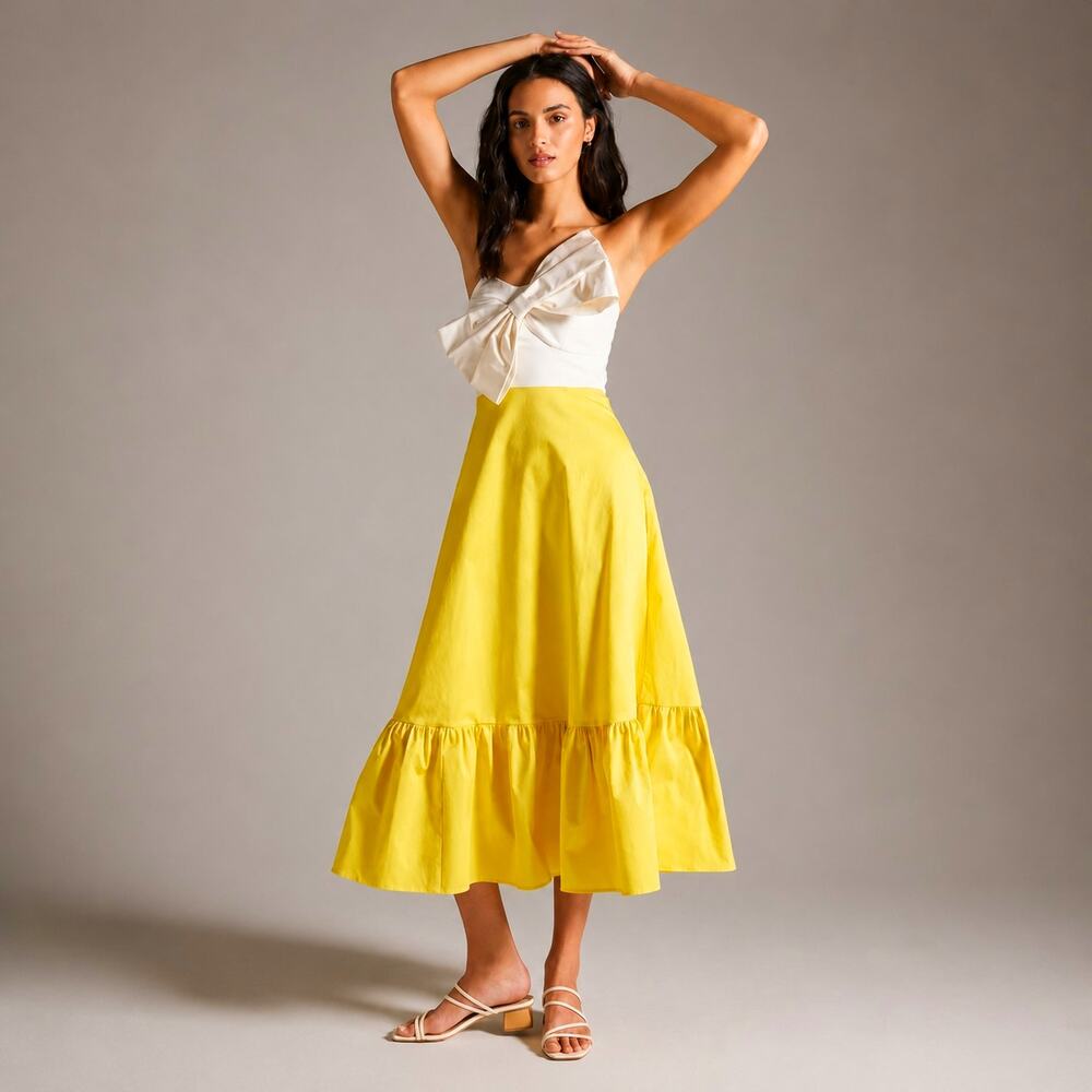 Hutch Yellow and Cream Midi Dress with Bow Bodice